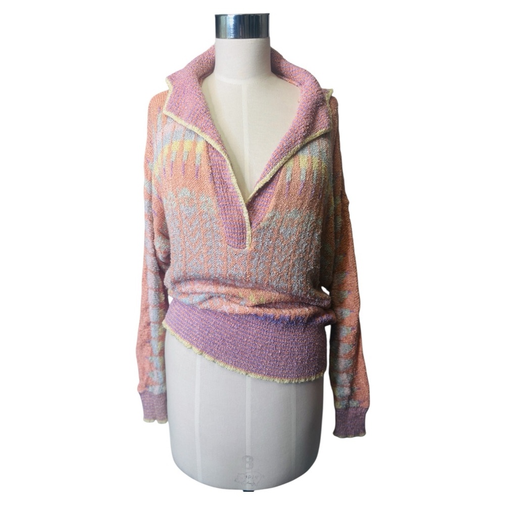 Vintage Brenda French Hand Loomed Abstract‎ Pattern Pastel V-Neck Sweater